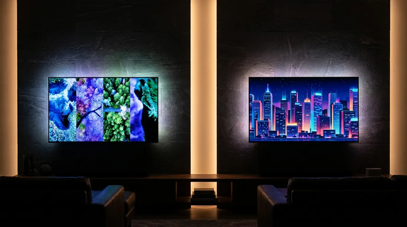 Two wall-mounted TVs side by side in a dark room, each streaming different content