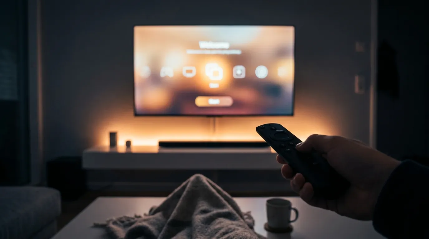 A hand holding a remote pointed at a glowing TV welcome screen in a dark living room