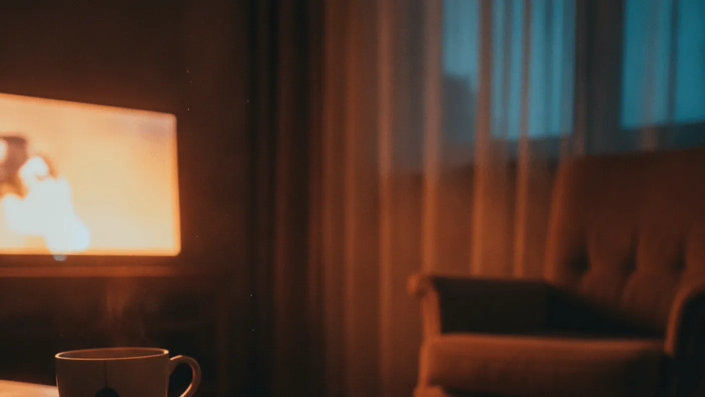 A remote and a cup of coffee sit on a wooden table with a glowing television in the background.