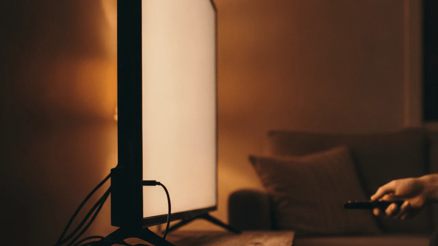 A streaming stick is plugged into the back of a television set on a dark wooden console, with a hand holding a remote control.