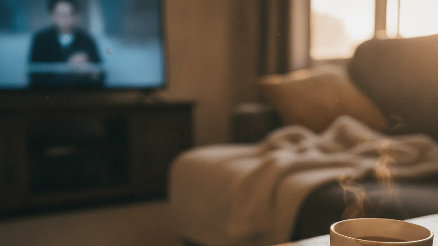A remote control rests on a wooden table next to a steaming mug, with a television in the blurred background.