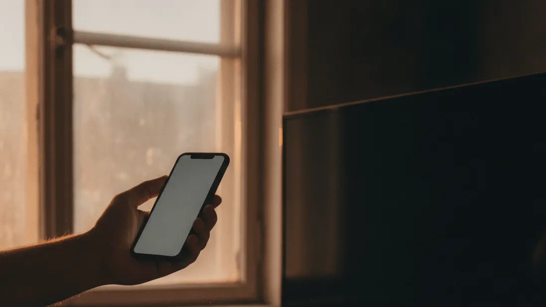 A hand holds a smartphone displaying a blank paused video frame near a window.