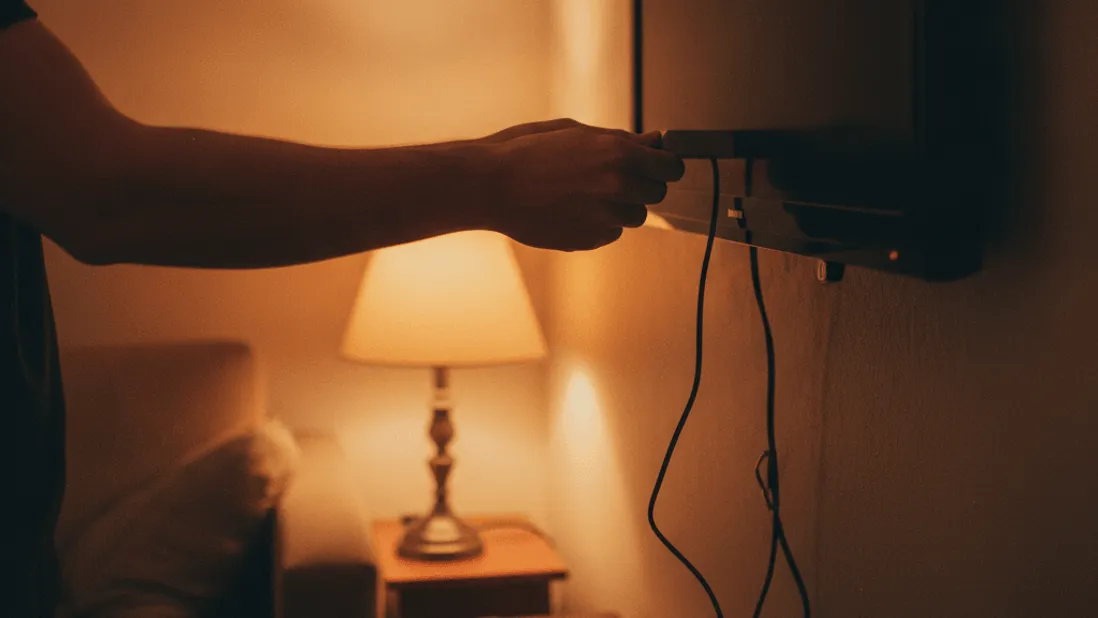A person's hands plugging a small streaming stick into the back of a wall-mounted television.