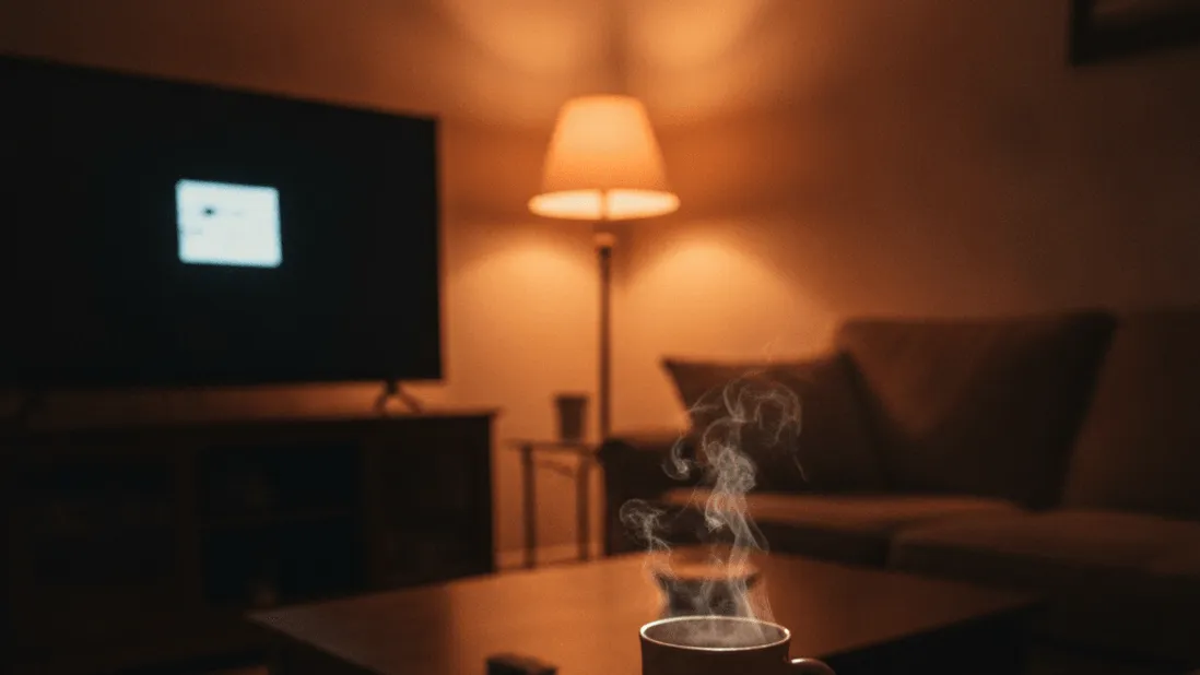 A remote control and steaming mug rest on a sofa arm and coffee table in a dim living room at night.