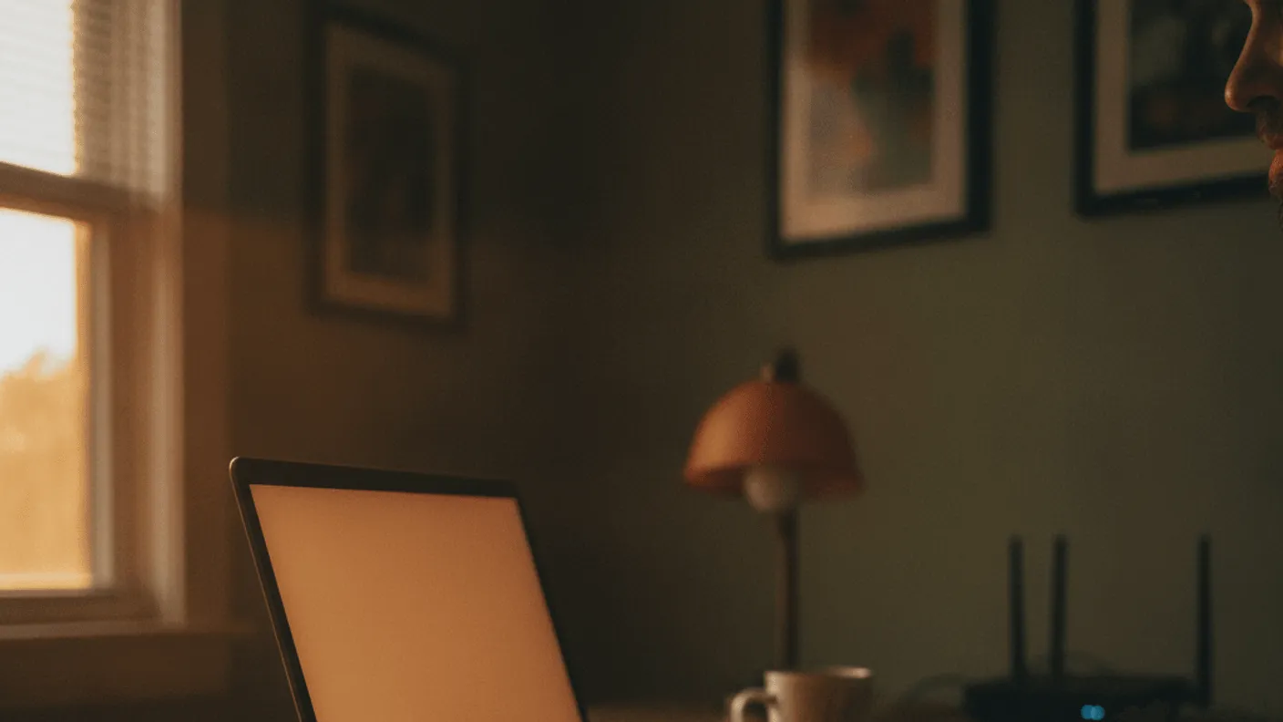 A person's hands are typing on a laptop with an ethernet cable plugged in, bathed in warm, low evening light.
