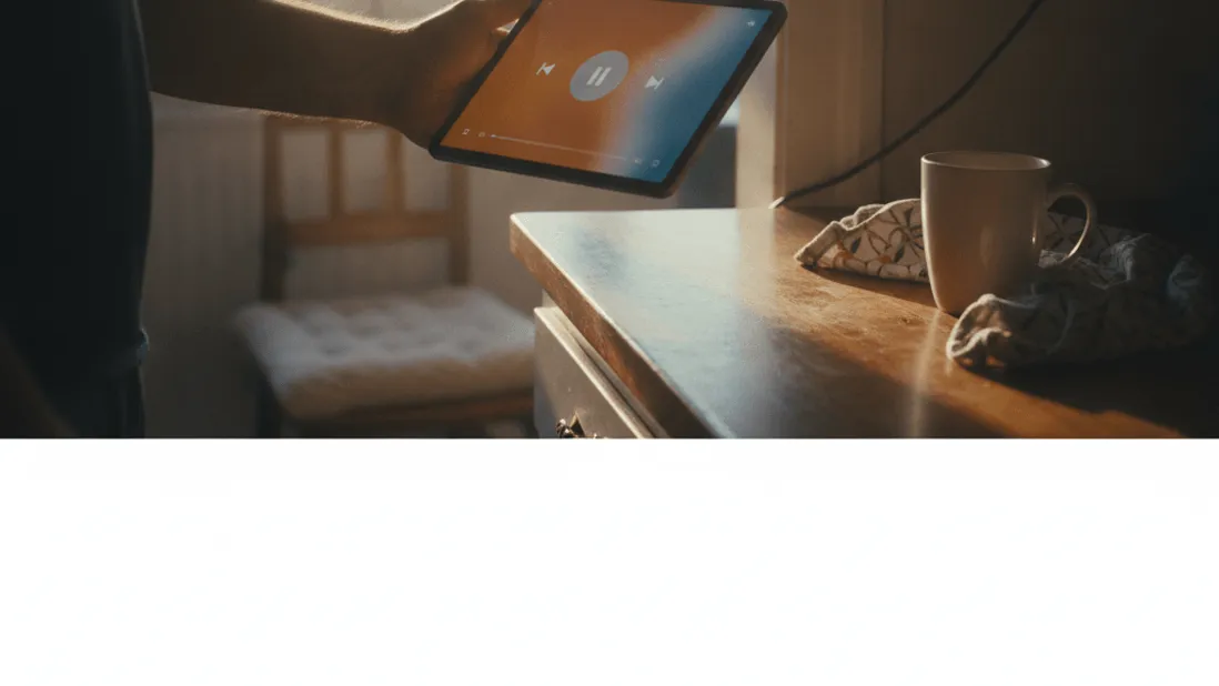 A hand holds a tablet displaying a paused video player next to a coffee cup on a kitchen counter in morning light.