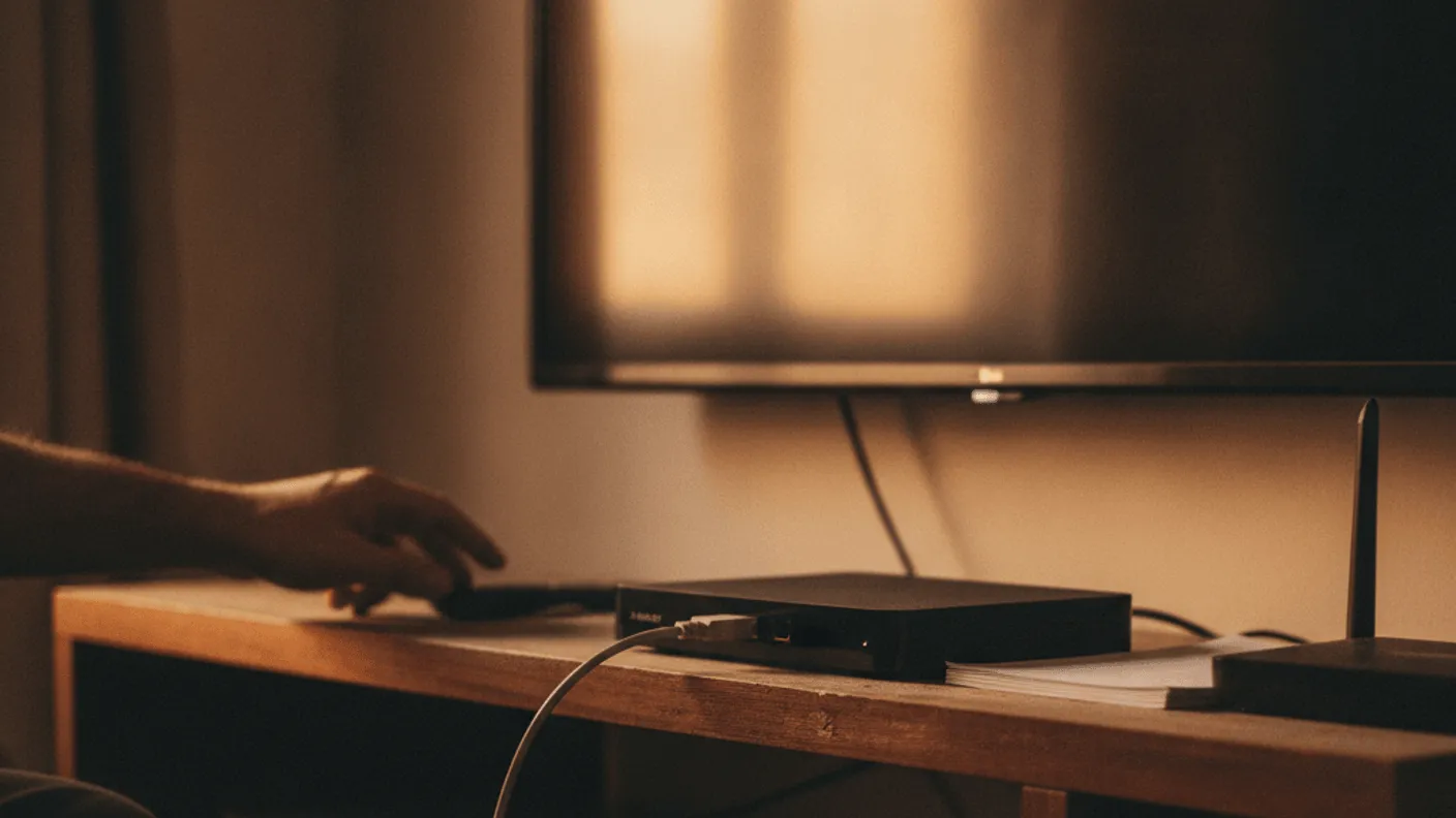 A person's hand reaches for a remote control next to a black Android TV box on a wooden shelf beneath a wall-mounted television.