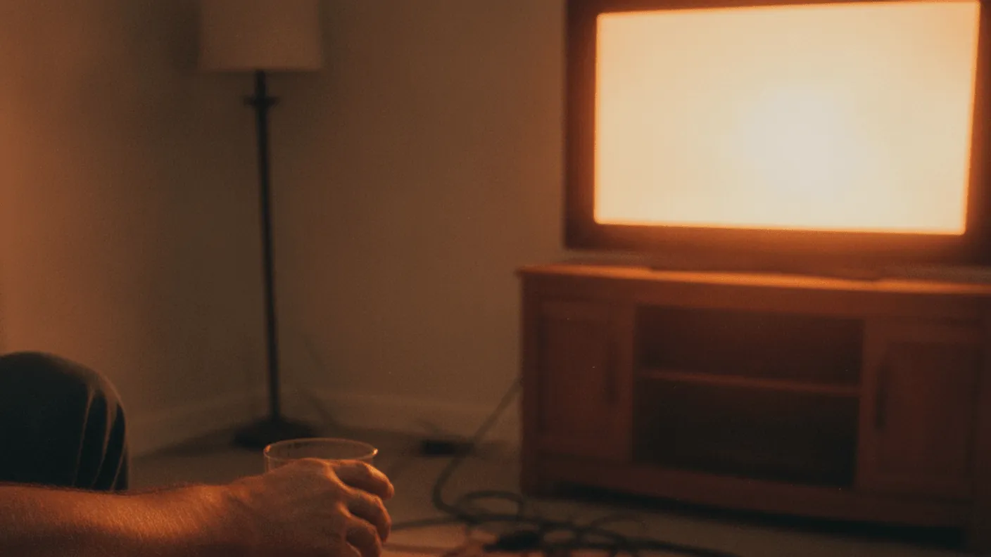 A hand holds a glass near a plate of pasta and a remote, with a glowing TV in the background.
